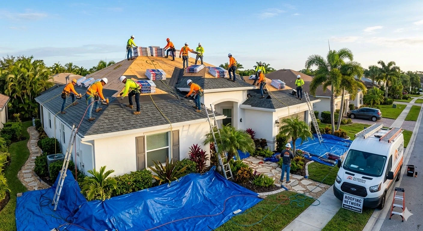 Professional roof installation crew working on a South Florida home